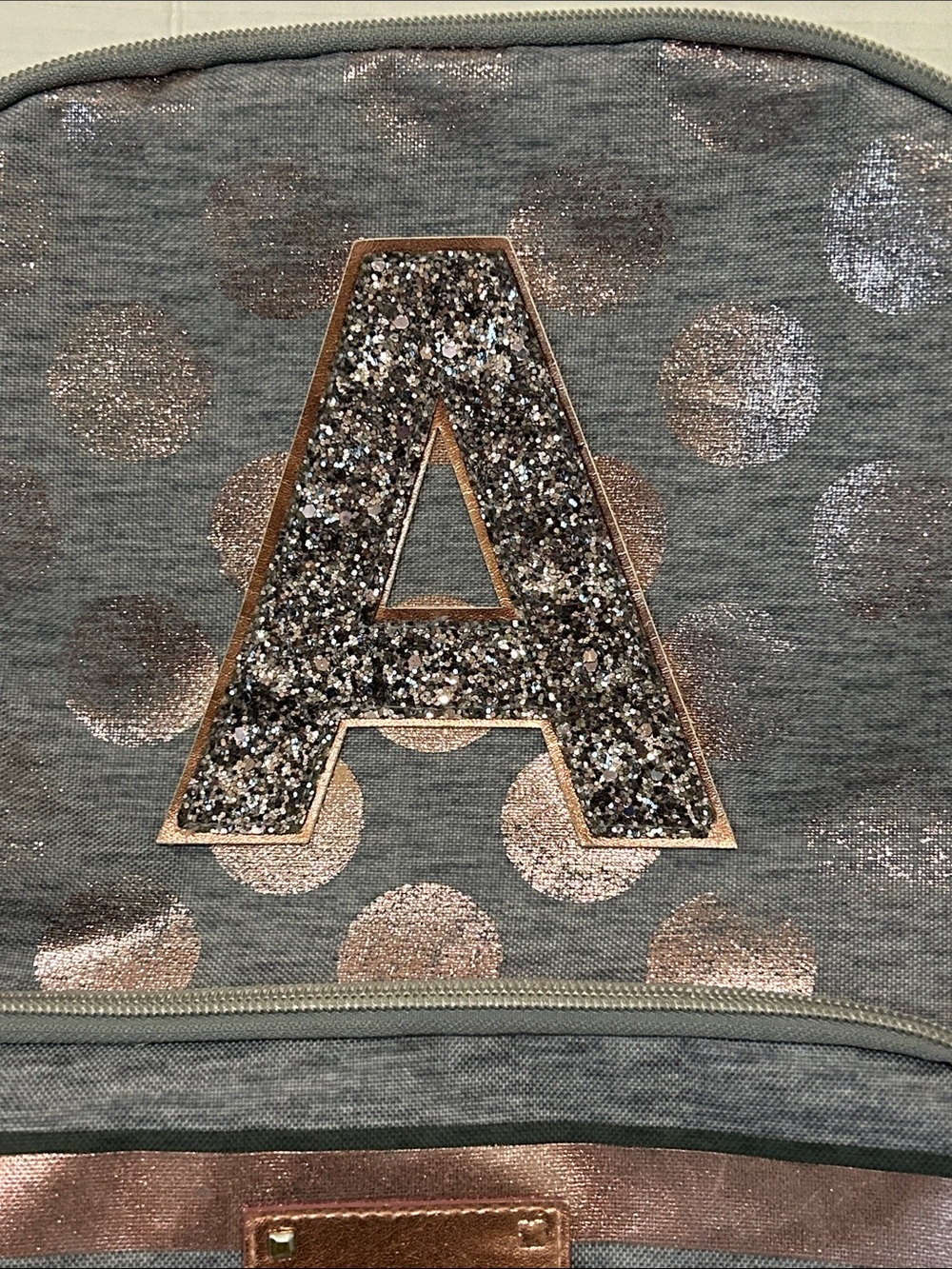 Justice ‘A’ Glitter Gray Backpack & Lunchbox Set with Rose Gold Polka Dots - Picture 2 of 16